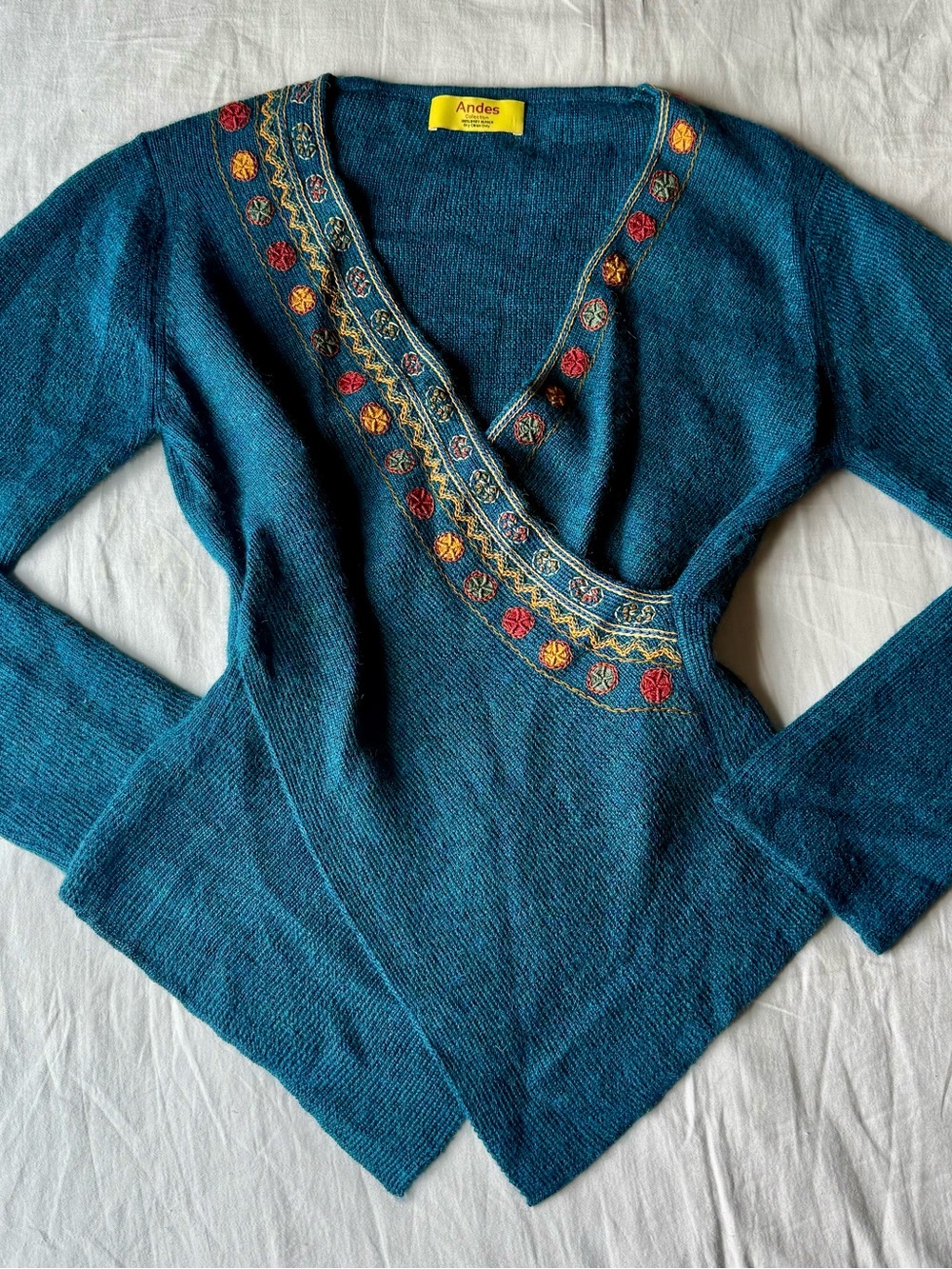 Alpaca Wool Teal Blue Embroidered V-Neck Sweater